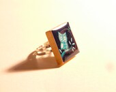 Turquoise Owl Scrabble Tile Ring - Silver Adjustable (R4)
