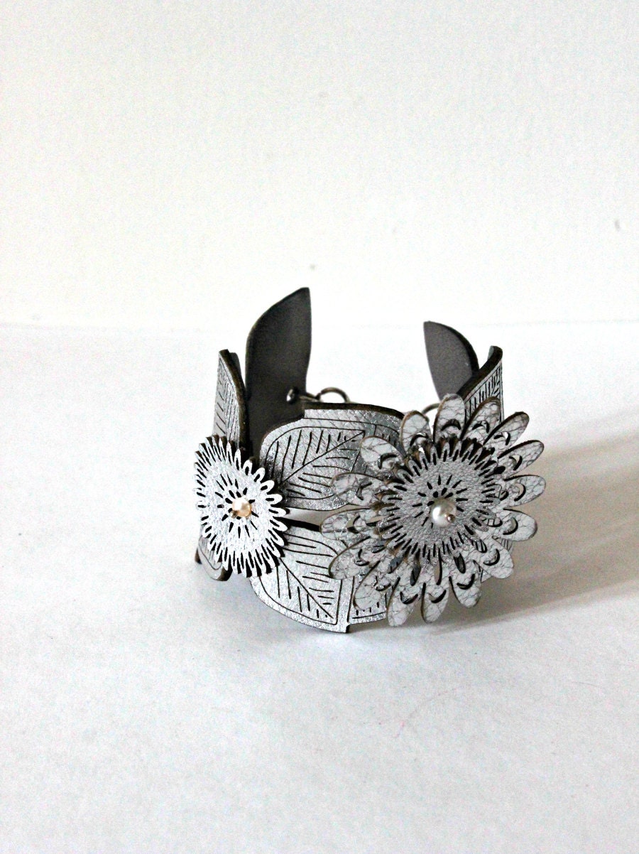 Silver Flower Cuff with Flowers