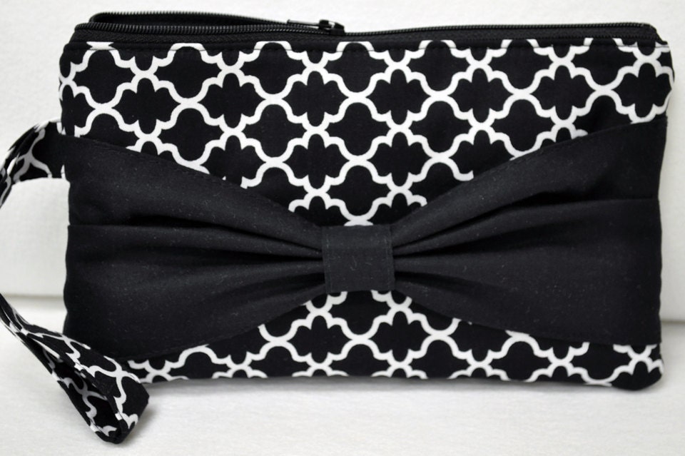 Trellis Bow Clutch Wristlet in Black Trellis with Black Bow Black Clutch Bridesmaid Gift