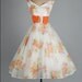 Vintage 1950s Dress . Ivory Chiffon . Orange . Floral . Full Skirt . Sleeveless . Bow . Jacket . XS/S . 1465
