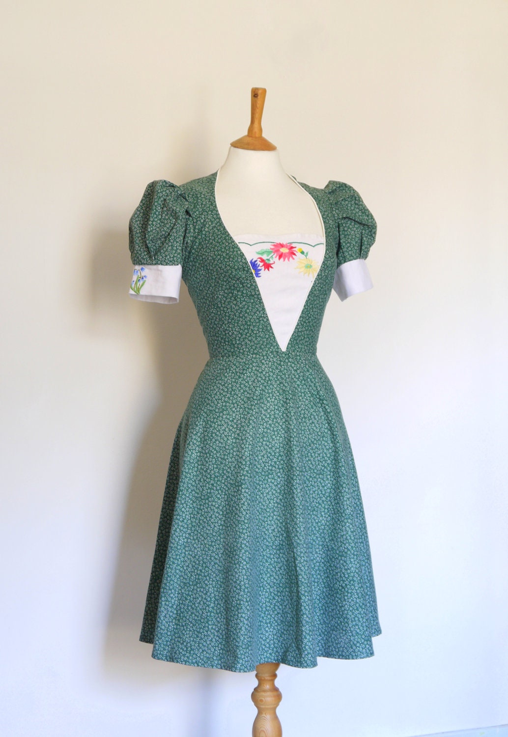 Sage Green Heidi Tea Dress with Vintage Embroidery - Made to Measure