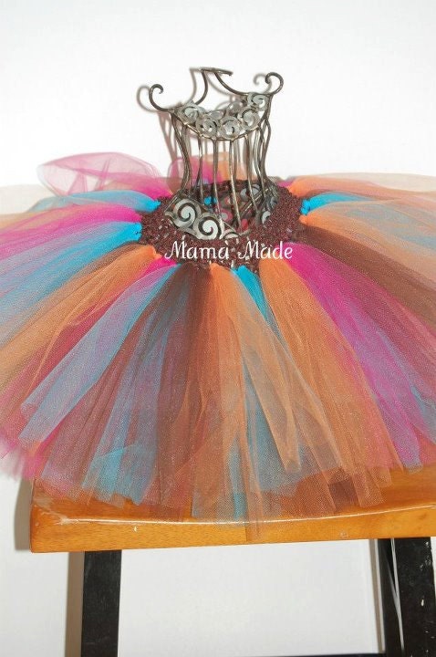 Fuchsia, Orange, Turquoise and Brown Tutu sizes 12 mo 18 mo 24 mo 2t 3t 4t 5 6