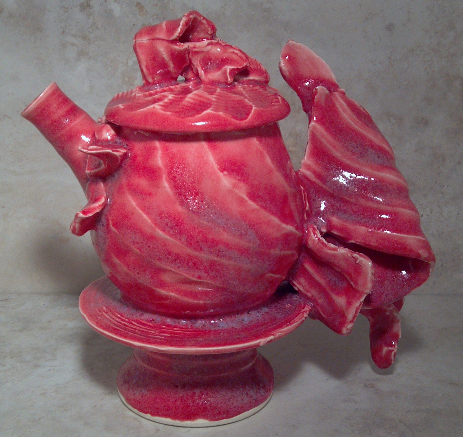 teapot red hand made craft ceramics bird fish made in Michigan