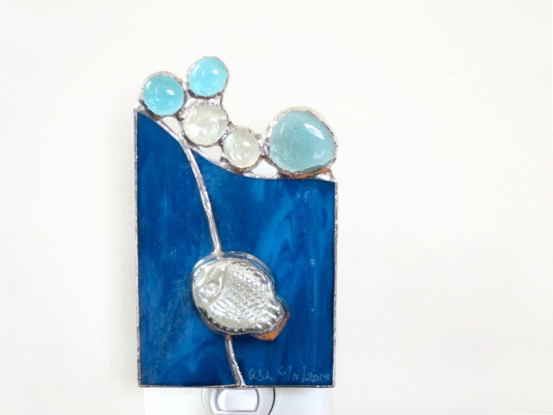 Nursery Night Light Gold Fish Nightlight Stained Glass Blue Boy Nursery Handmade OOAK