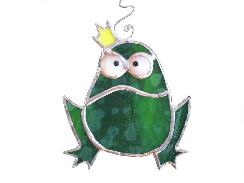 Frog Stained Glass Suncatcher Green Frog Prince Christmas Tree Ornament Handmade OOAK