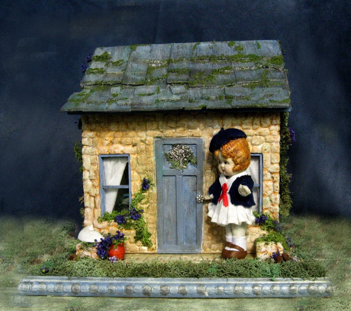 Desk Top Dollhouse: A Petite Handmade Child's Play House Vignette with Rescued Antique Doll