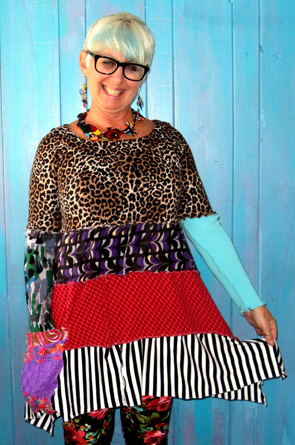 Leopard bodice funky upcycled multi pattern tunic fits sizes small, med, lg