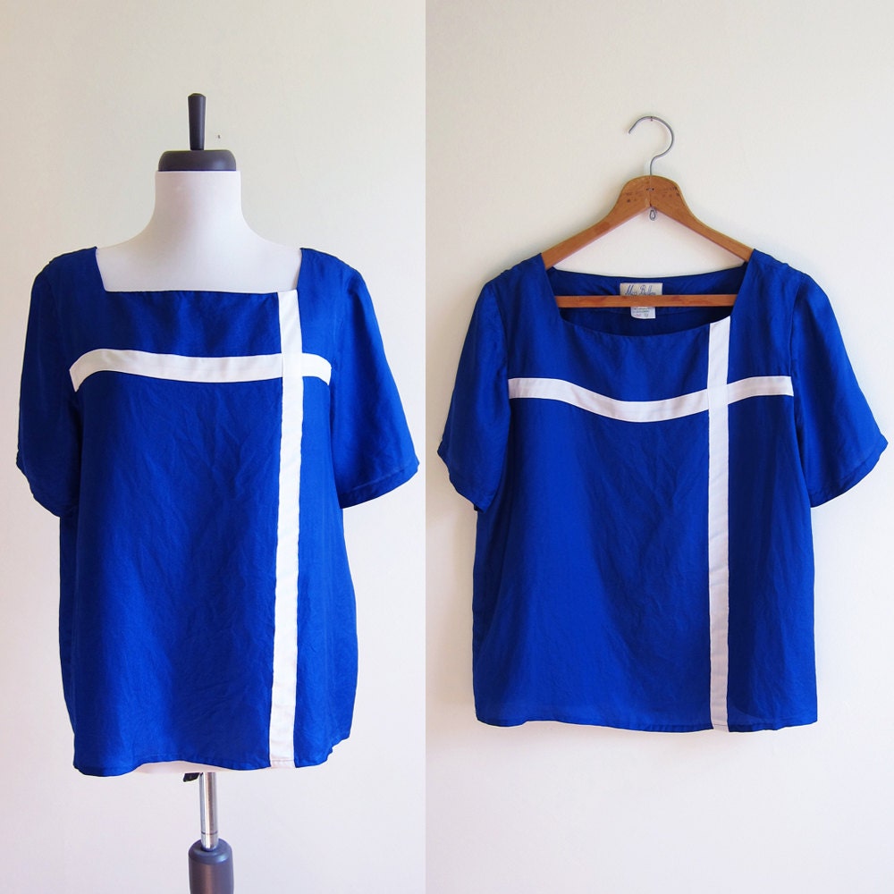 Vintage 1960s Blouse / Cobalt BLUE Cross SILK Blouse / Size Small or Medium
