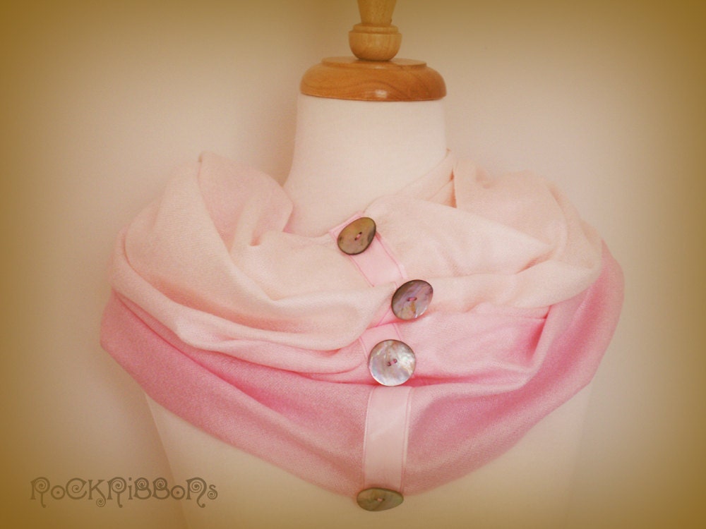 Pink cashmere pashmina  - infinity - ombré - winter scarf - shoulder warmer - circular scarf - cowl - snood - knit scarf with shell buttons.