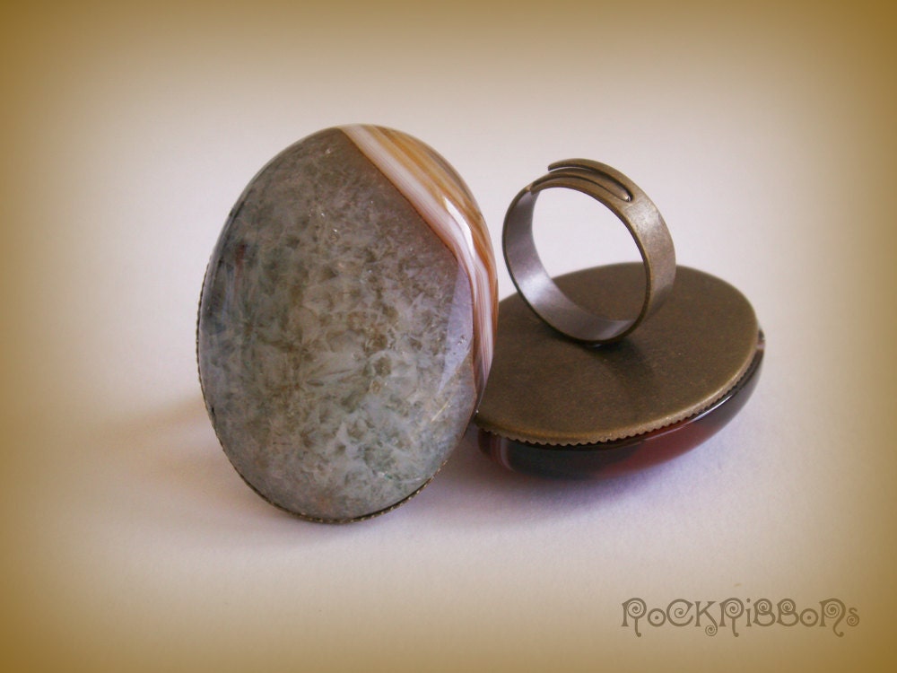 Large cocktail ring - crystal agate - sandy - adjustable cocktail ring - 30 x 40 gem cabochon with antique brass setting.