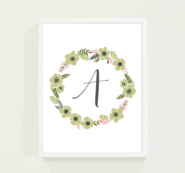 Personalized Monogram Floral Nursery Art in Olive Green Brown and Coral Peach - Childrens Wall Art with Initial Alphabet Posters - fieldtrip