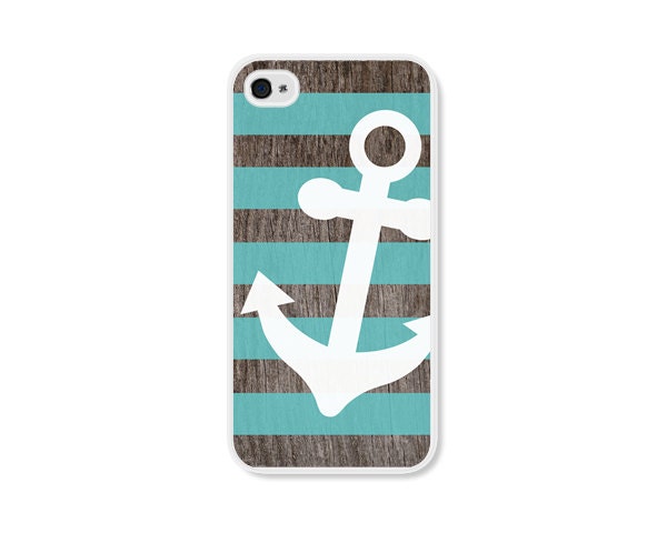Anchor Apple iPhone 4 Case - Plastic iPhone 4s Case - Striped Wood Nautical iPhone Case Skin - Turquoise Blue Brown White Cell Phone
