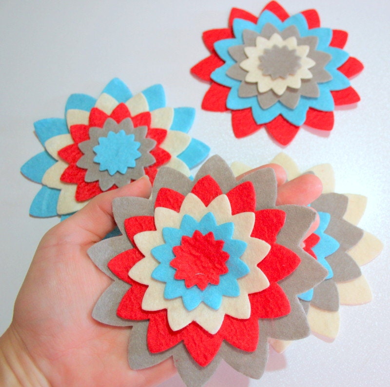 40 Piece, 8 Sets Die Cut Felt, Large, Retro Style, Kaleidoscope, Star Flowers- Blue, Ecru, Red, Gray Colors