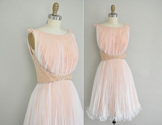 vintage 1950s designer dress / 50s designer cocktail frilly dress / Sparkling Champagne