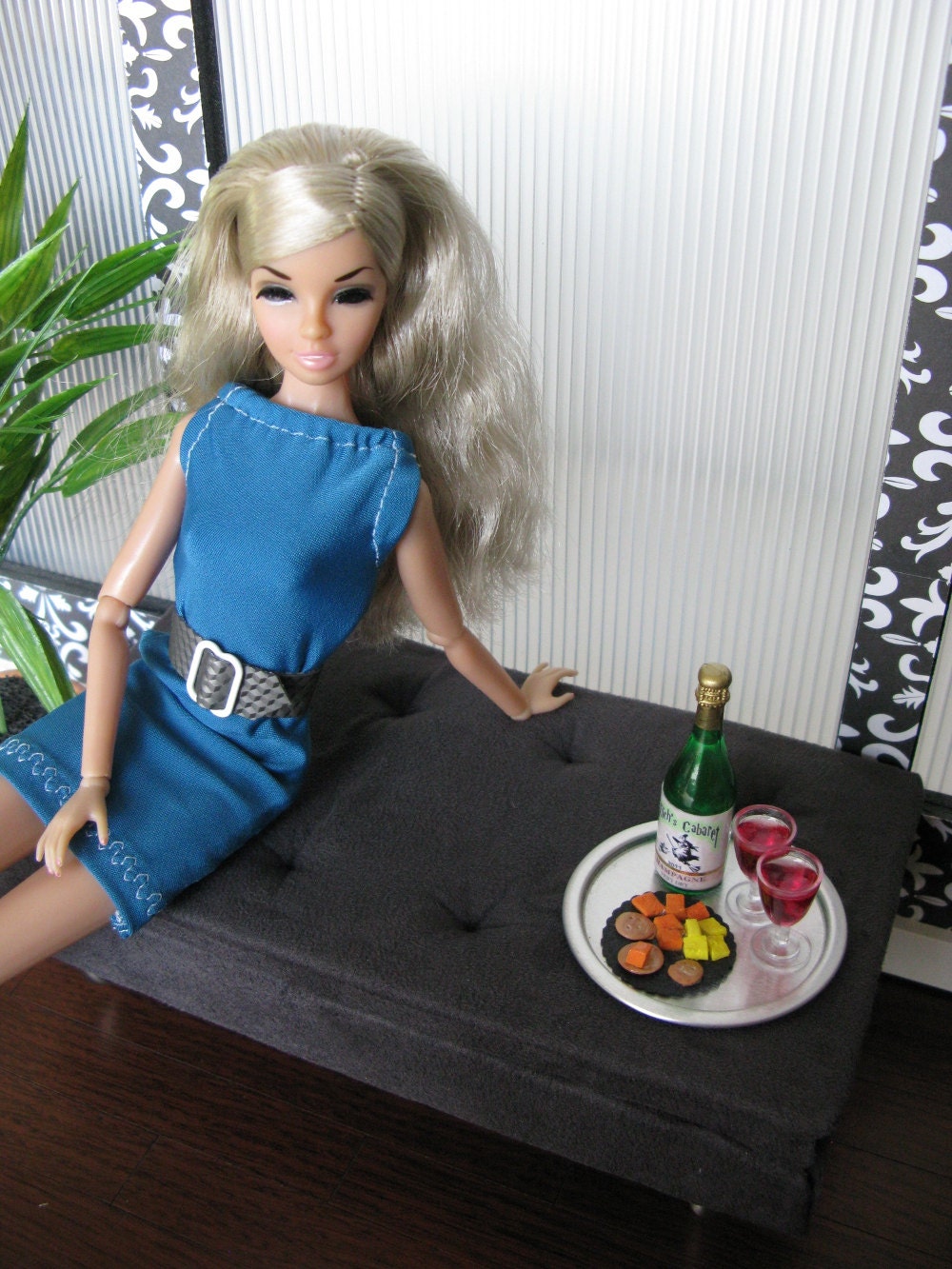 OOAK Modern grey micro suede bench with hand tufting and brushed nickel legs for 12 to 13 inch fashion dolls