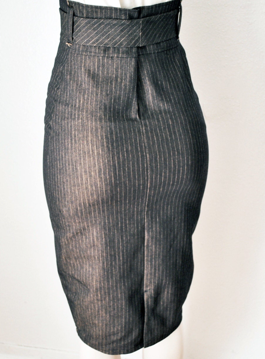 High Waist Pencil Skirt Womens Clothing in Black & Gold Pinstripe Denim Custom Made