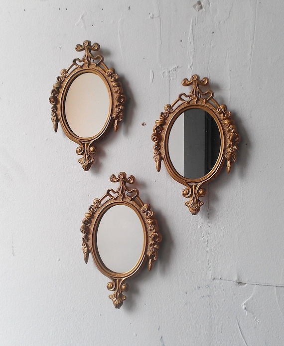 Gold framed Mirror Set of Three in Small Ornate Vintage Frames