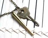Men's Necklace with Vintage Key and Dagger Charm on Dark Antique Gold Chain, Long, Rustic, Utility, Choose Your Vintage Key
