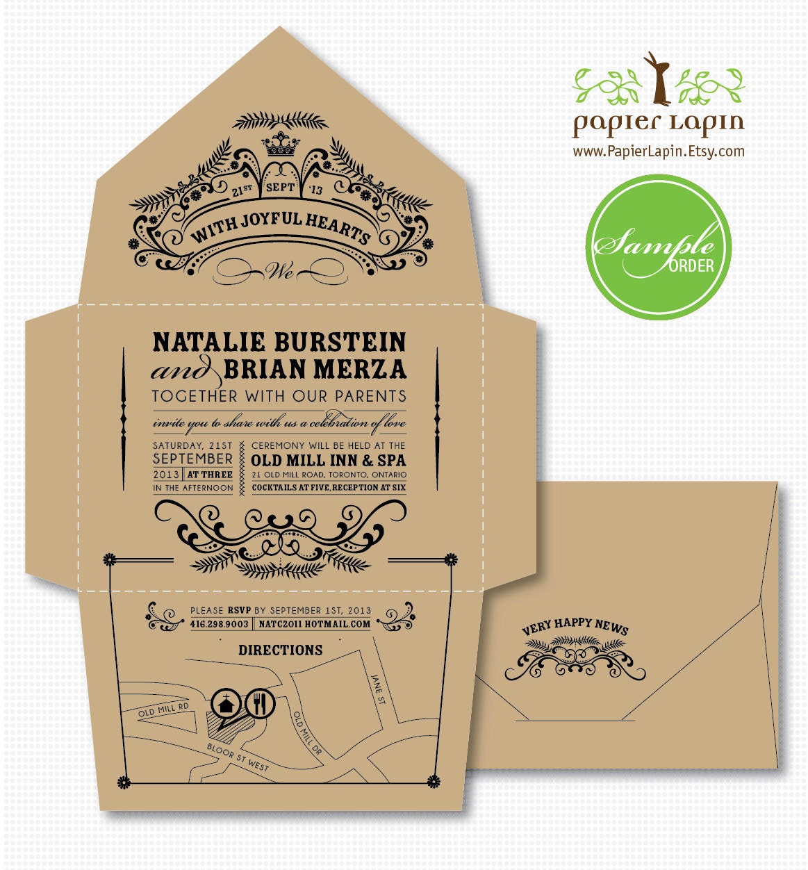 Open-Me-Softly eco-friendly invitation, self-mailer, kraft paper, quirky & whimscial // SAMPLE