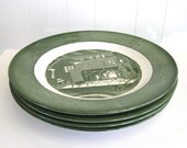 Vintage Colonial Homestead by Royal Dinner Plates (set of 4) - green and white - 1950s dishes - retro serving - forest green