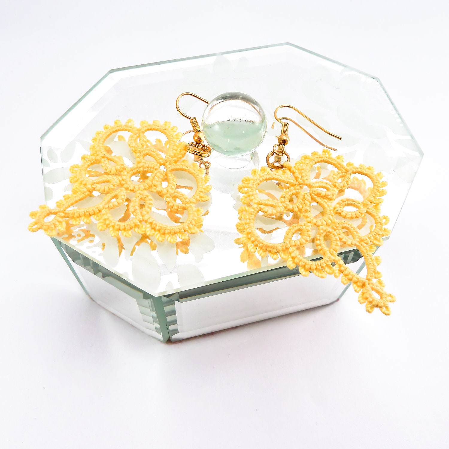 Yellow lace earrings / handmade lace jewelry