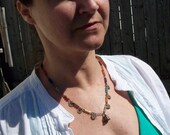 China Belle - Mixed Gemstone beaded link necklace        with Coin charms and Bell Pendant