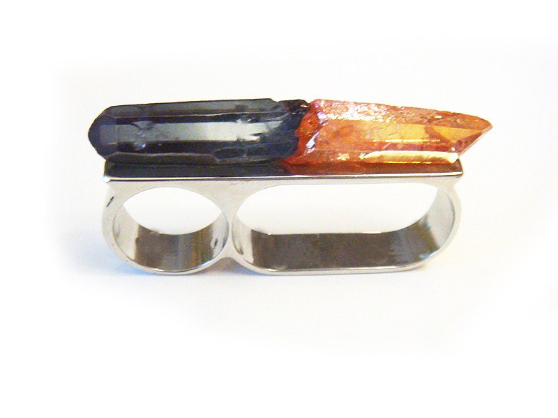 Purple and Orange Titanium Crystal Point Knuckle Duster Ring