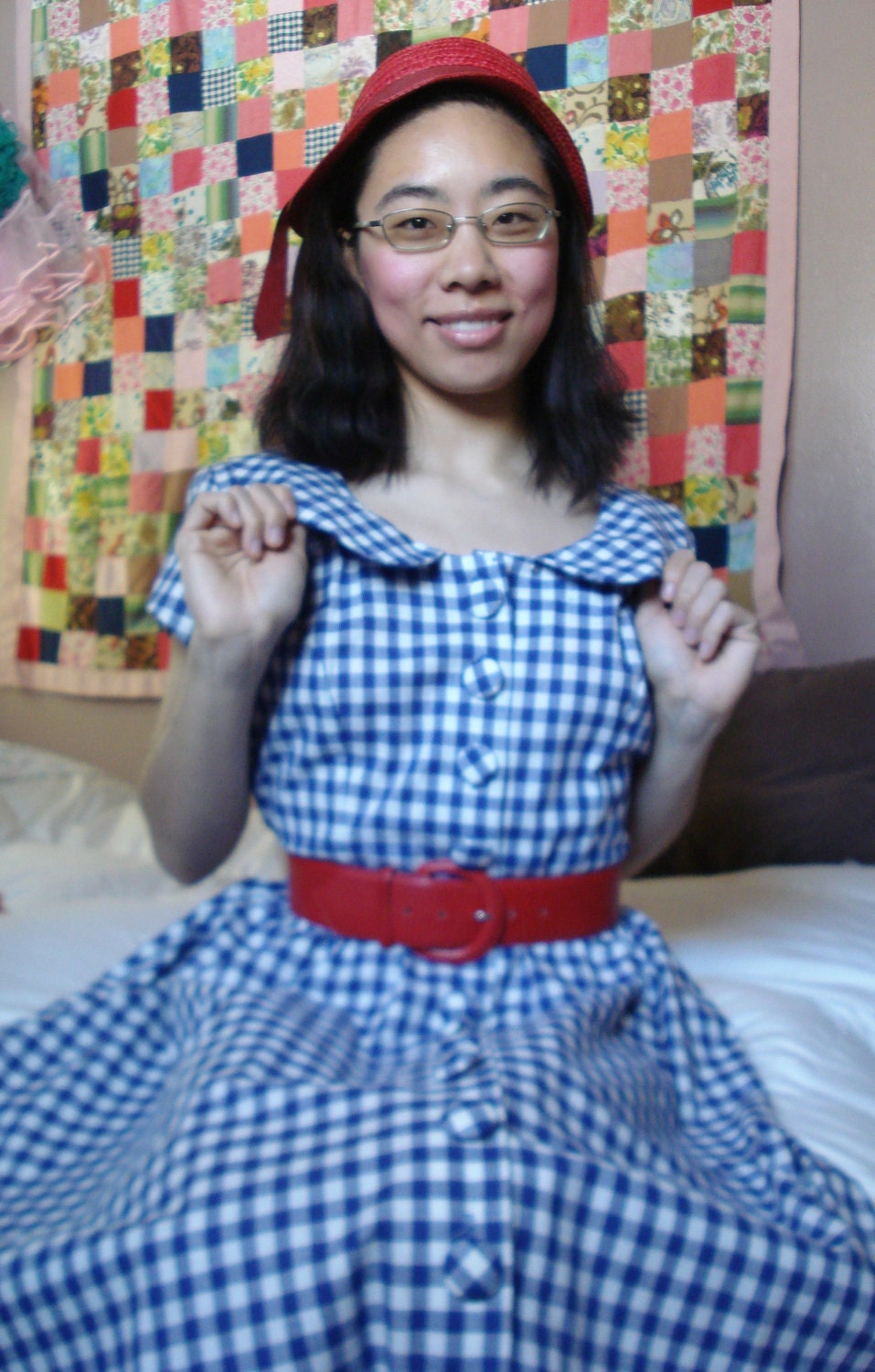 Vtg 50s 80s Blue Picnic Dress. Plaid. Peter Pan Collar. Pockets.