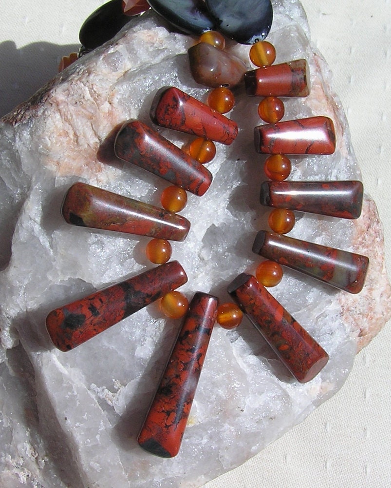 Poppy Jasper, Red Agate & Aventurine Crystal Gemstone Fan Statement Necklace - "Wild Poppy"