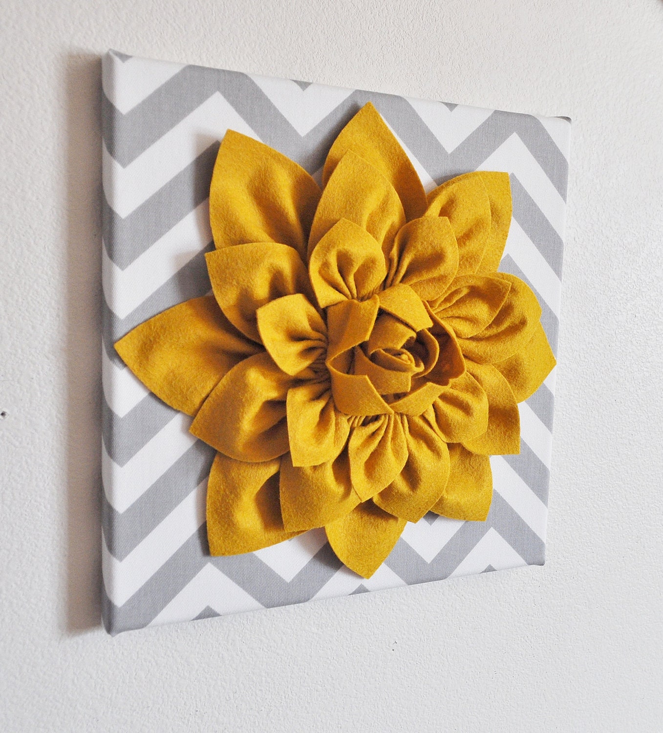 Wall Flower -Mustard Dahlia on Gray and White Chevron 12 x12" Canvas Wall Art- 3D Felt Flower