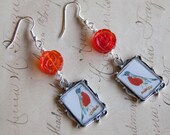vintage robin bird image from 1950s dictionary & vintage hyacinth carved rose beads // rose robin earrings