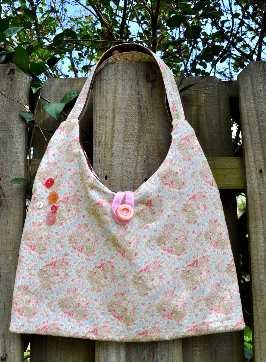 Pastel Paisley Hobo Style Handbag with Vintage Button Detail