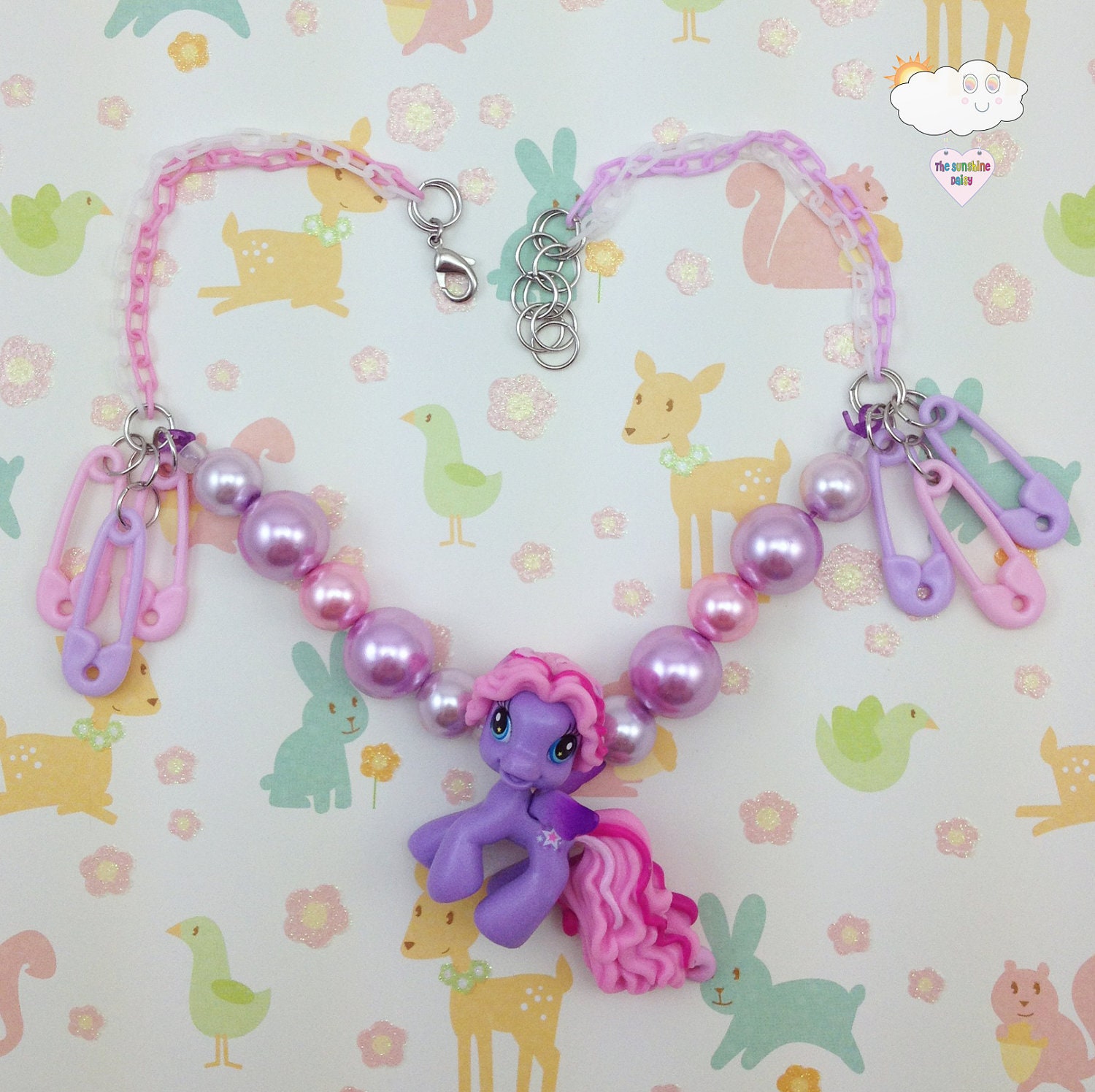 Flying StarSong My LIttle Pony Cutie OOAK Plastic Punk Baby Pink Lavender Plastic Safety Pin Adjustable Necklace