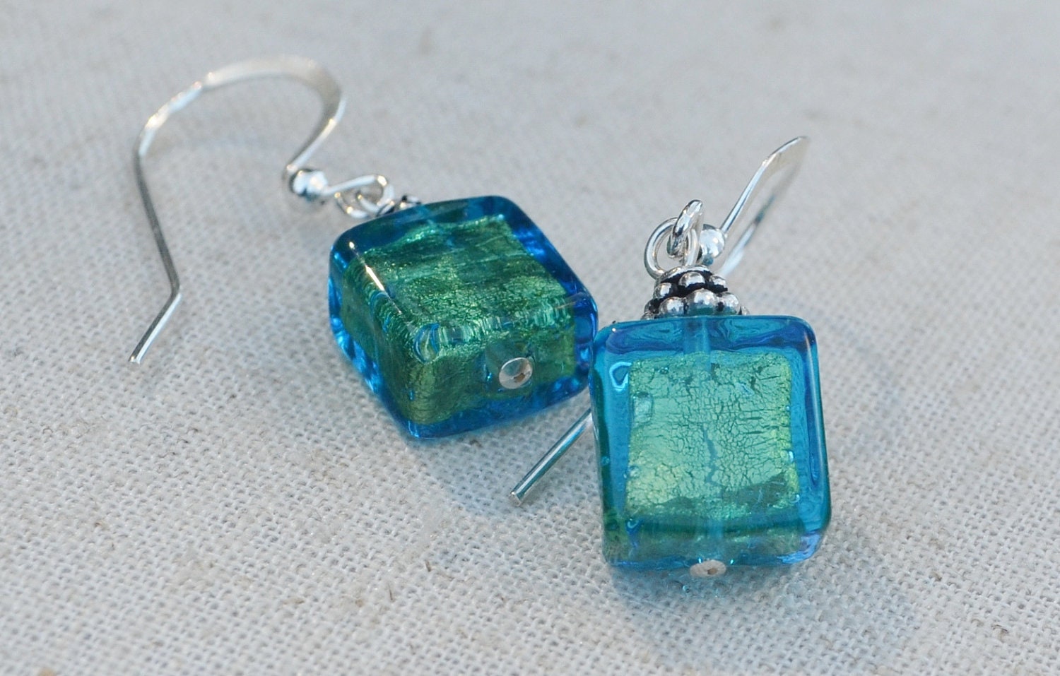 Teal dangle Earrings, Venetian glass bead earrings, square aqua over gold foil earrings, gift packaging, Venetian jewelry by Dolce Beada