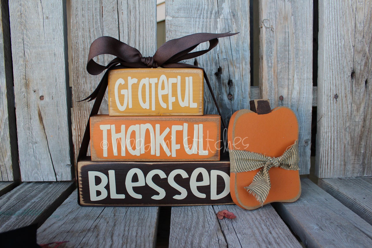 Primitive Grateful Thankful Blessed STACKER Wood block set  fall autumn pumpkin home seasonal decor