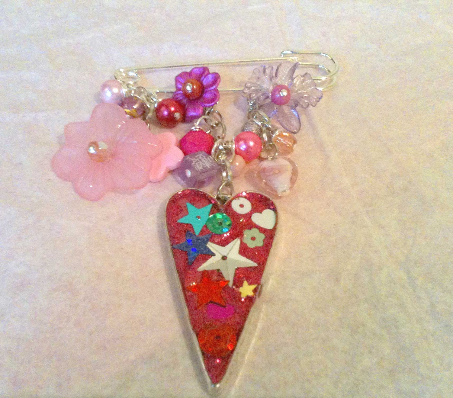 Kilt Pin Brooch, "Gypsy Rose" Silver  & pink theme with lucite, handmade heart pendant and pretty glass pearls and acrylic beads