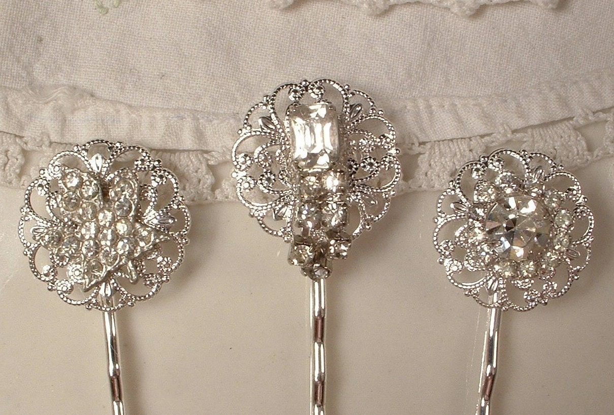 Bridal Hair Pins - TRUE Vintage Rhinestone , OOAK Jeweled Silver Plated Heirloom Bobby Pins Set of 3