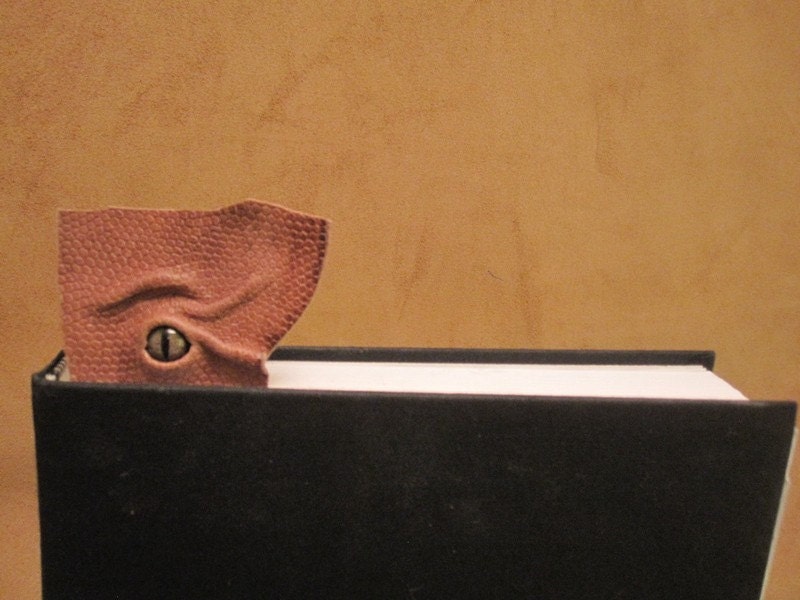 Grichels leather bookmark - scaly tan with green speckled slit pupil reptile eye