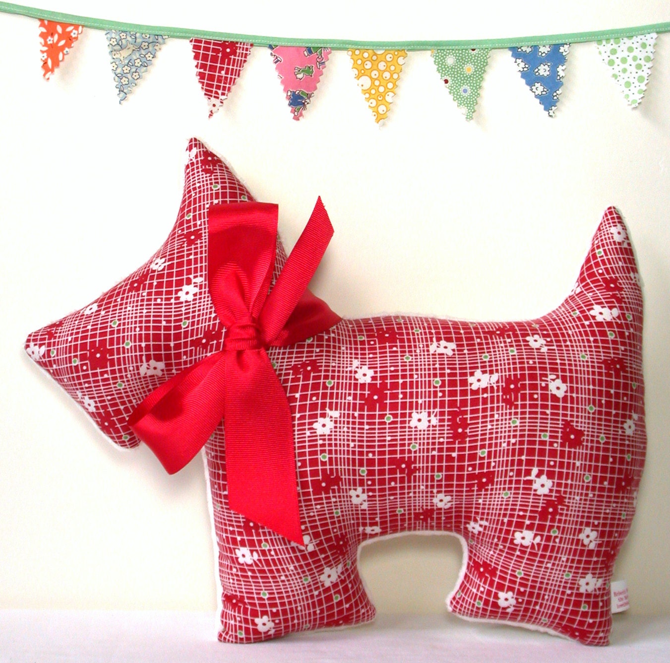 Plush Scottie Dog in Red and White Plaid with Flowers Nursery Decor Stuffed Pillow