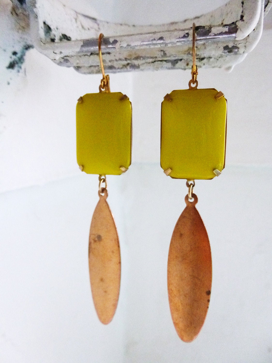 Vintage Yellow Lime Glass Octagon Gold Brass Dangle Earrings