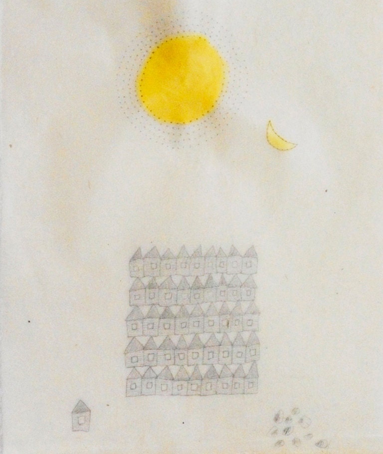 Small Town, Summer Sun / Mixed Media Drawing on Japanese Paper