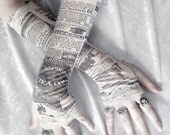 Gossip Society Arm Warmers - Victorian Newspaper Print - Ivory Cream Black & Lace - Gothic Steampunk Noir Yoga Romantic Lolita Goth Bohemian