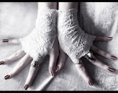 Frost Blossom Lace Fingerless Gloves - Snow White Floral - Gothic Vampire Regency Tribal Belly Dance Austen Wedding Romantic Bridal Fetish