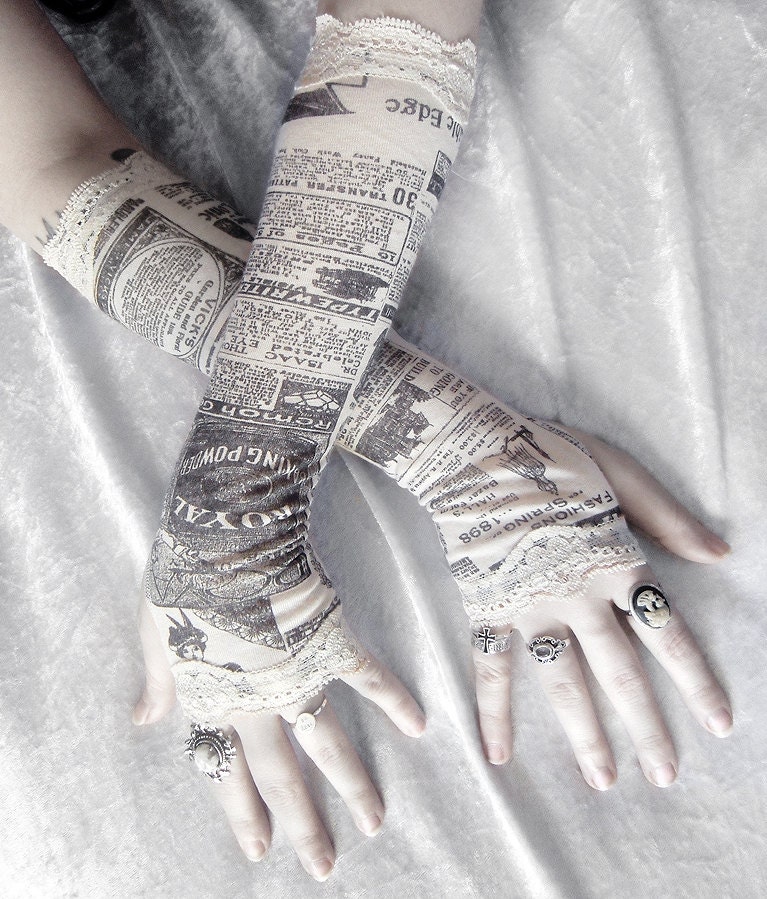 Gossip Society Arm Warmers - Victorian Newspaper Print - Ivory Cream Black & Lace - Gothic Steampunk Noir Yoga Romantic Lolita Goth Bohemian