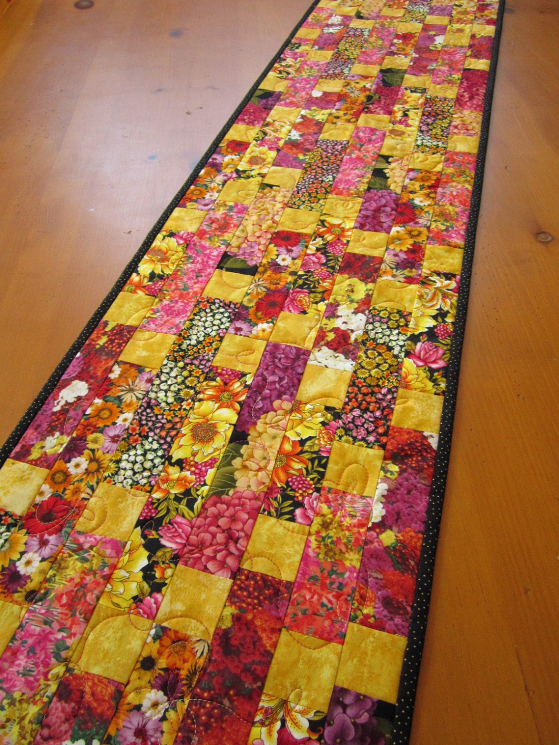 Table Runner, Quilted Patchwork Burst of Flowers Runner