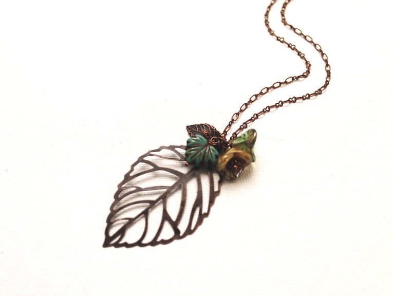 Autumn Leaf Necklace. antiique copper filigree leaf with autumn flowers