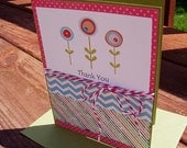 Poppy Thank You Card - Poppies Chevron Stripes Dots, Spring Summer Thank You Greeting Card Orange Aqua Coral Green