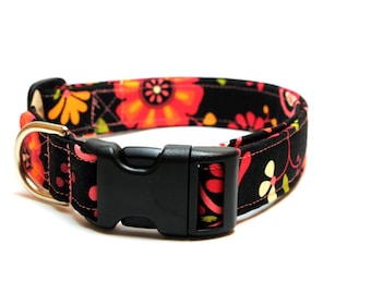 Adjustable Dog Collar -Black Fuschia Orange and Yellow Floral - Large