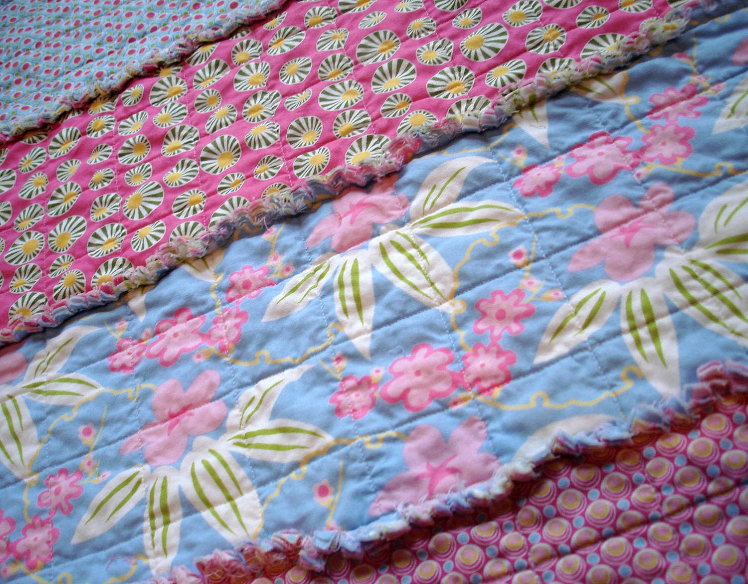 Handmade Baby Rag Quilt Stroller Car Seat Cover Changing Pad Pink Blue Floral Photo Prop ready to ship
