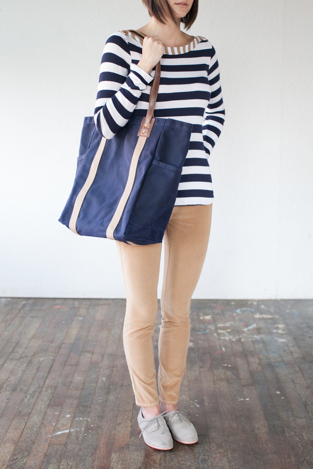 No. 105 Utility Tote in Olive Waxed Canvas, Charcoal Webbing, & Black Leather